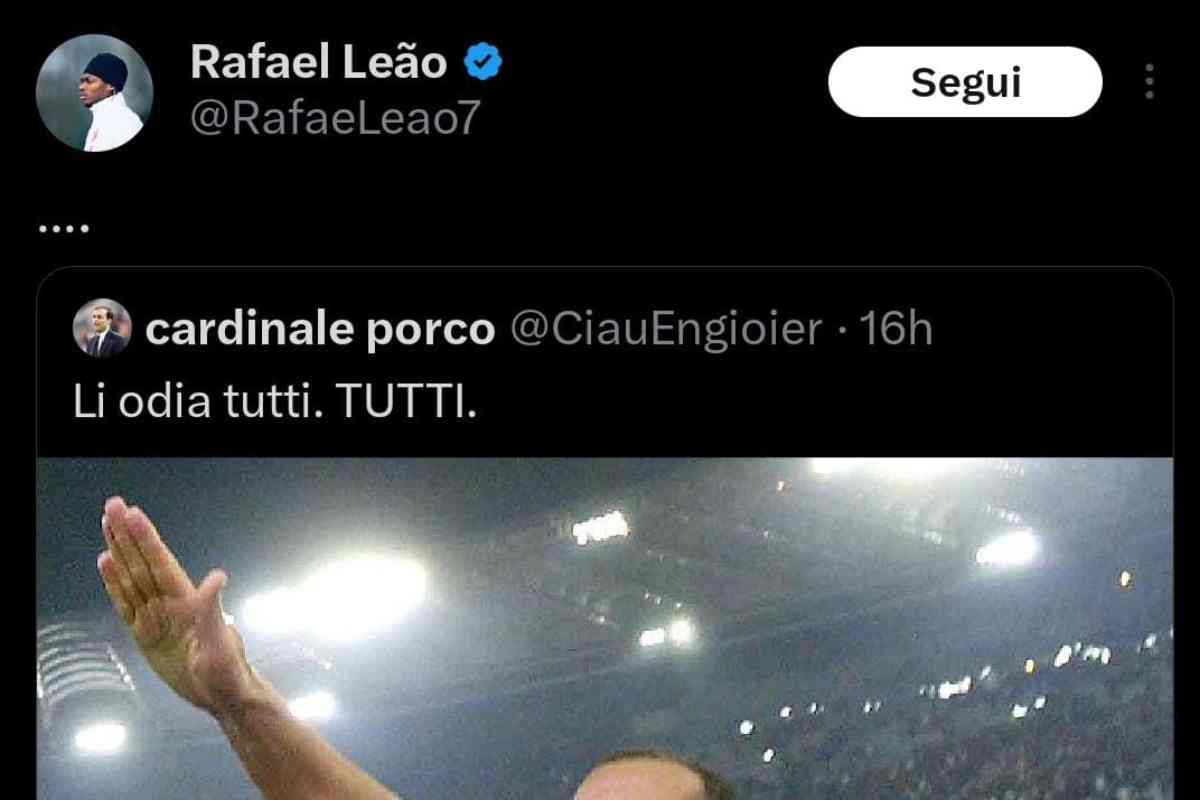 Post di Rafael Leao contro Di Canio, occhio al nome del nickname contro Cardinale