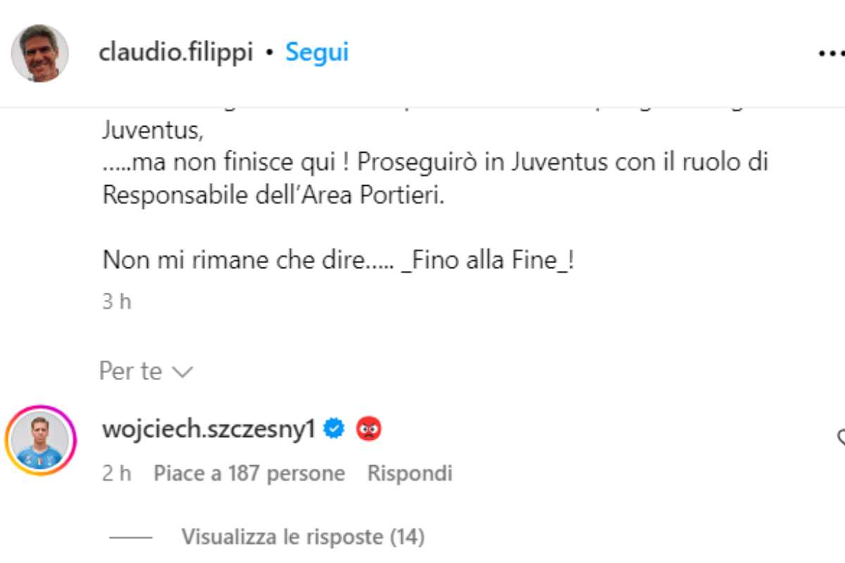 Szczesny commenta il post di Filippi